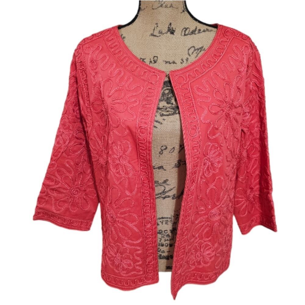JONI B Vintage‎ Coral Pink Mandarin Style Embroidered Jacket Size Large
